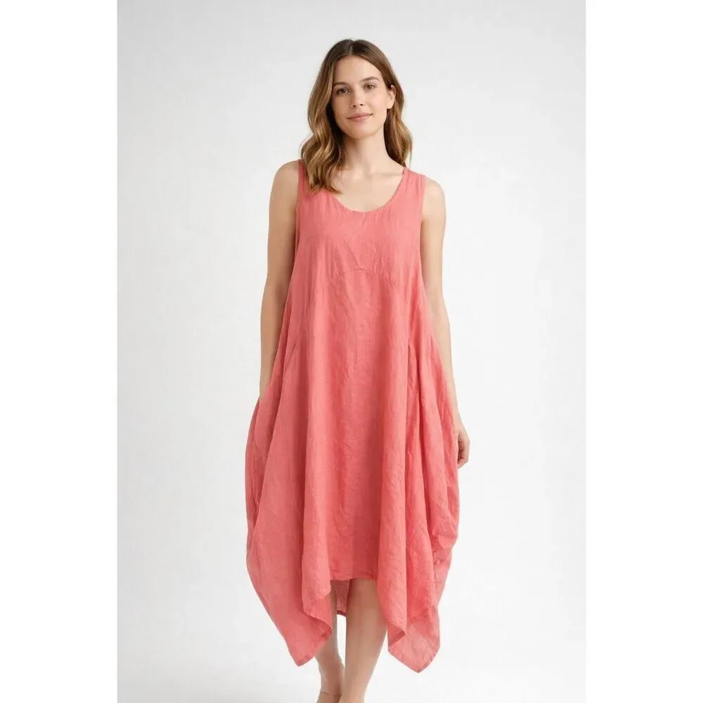 LIN BOHÈME Coral Linen Tunic Dress • Oversized Asymmetrical Hem • One Size
